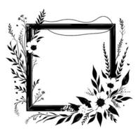 Monochromatic floral frame elegant black white botanical border adorned with flowers and leaves, perfect for invitations and design. vector