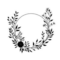Elegant minimalist black floral wreath with a central open circle, perfect for invitations and decorative art on a white backdrop. vector