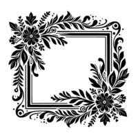 Black and white floral frame design, symmetrical and ornate, featuring flowers, leaves, and decorative border elements. vector