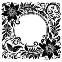 Intricate black and white floral frame circular center, ornamental flourishes, and botanical elements. elegant with leafy patterns, decorative borders. vector