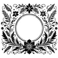 Elegant black and white floral frame with circular center, perfect for invitations, designs, and decorative elements. vector