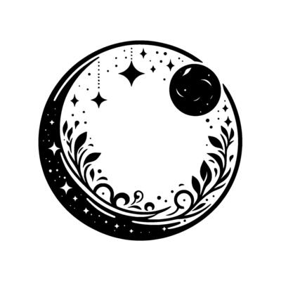 Celestial monochromatic illustration crescent moon, stars, and floral embellishments in a circular design.