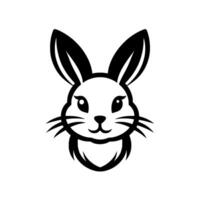 A minimalist monochrome illustration of an adorable rabbit head, featuring large expressive eyes, whiskers, and long ears, on a clean white background. vector