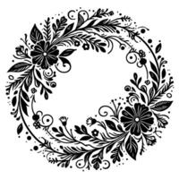 Intricate black and white floral wreath design, featuring detailed leaves, flowers, and ornate curls surrounding a circular blank space. vector