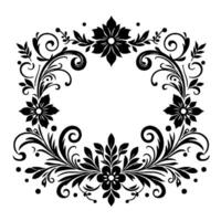 Elegant, symmetrical black and white floral with swirling leaves, stylized flowers, and a central open space, perfect for framing text. vector