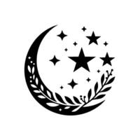 Mystical crescent moon encircled by stars and botanical elements in a simple black and white design. vector