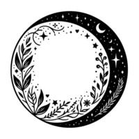 Black and white crescent moon illustration featuring celestial elements like stars and a smaller moon, with floral and botanical details forming a decorative border. vector