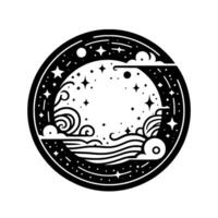 Circular black and white illustration cosmic ocean scene with stars, clouds, and swirling waves inside a border. vector
