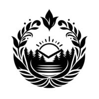 Black and white nature emblem featuring a mountain range, evergreen forest, setting sun, encircled by floral and leaf elements. vector