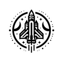 Black and white geometric space shuttle inside a circle with moons, stars, and dots, representing space travel and exploration. vector