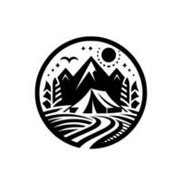 A circular, black and white, minimalist camping depicts a tent in front of mountains, a road, trees, birds, sun, and stars. vector