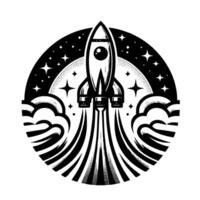 Black and white circular illustration of a rocket launching into space, surrounded by stars and clouds, retro design. vector
