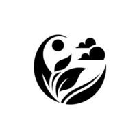 Elegant black and white circular with stylized leaves, sun, and cloud elements, evoking nature and harmony. vector