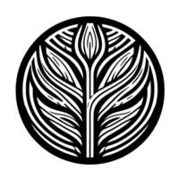 A symmetrical, stylized black and white plant illustration, within a circle, evoking nature, minimalism, and aesthetics. vector