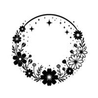 Elegant monochrome floral wreath with stars a delicate for invitations, logos, and embellishments. vector
