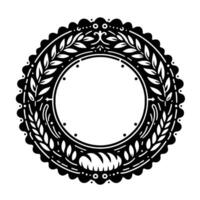 Ornate black and white circular with laurel wreath frame, scalloped border, and decorative floral and leaf motifs. vector