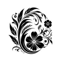 Elegant black and white floral motif circular composition with flowers, leaves, and swirls on white background. vector