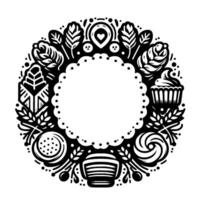 Intricate monochrome circular with foodrelated elements and botanical motifs, perfect for a culinarythemed border or frame. vector