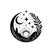 Celestial circle illustration moon, stars, sun rising over mountains, surrounded by foliage, in a black and white linework design. vector