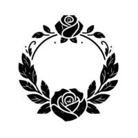 Elegant, black and white illustration of a rose wreath, perfect for invitations or emblems. vector