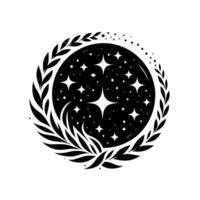 Abstract celestial emblem starry night sky encapsulated within a laurel wreath, a minimalist black and white design. vector