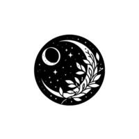 Celestial monochrome illustration moon, stars, and botanical elements within a circular frame on white backdrop. vector