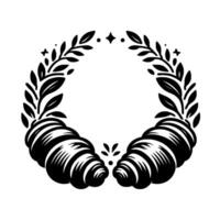 Elegant black and white illustration croissant and laurel wreath with subtle star accents on a white backdrop. vector