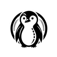 Adorable cartoon penguin logo, stylized in black and white, encircled by decorative hatched arcs, simple and inviting, for branding and design. vector