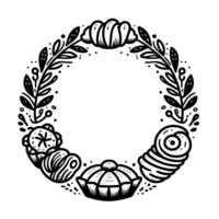 Detailed black and white illustration of a circular wreath adorned with pastries and botanical elements, conveying a rustic and elegant feel on a white background. vector