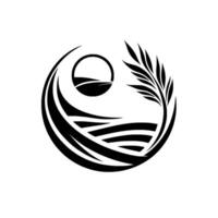 Stylized black and white circular emblem of a landscape with farmland, sun, and plant, evoking nature and sustainability. vector