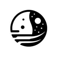 Stylized black and white circular illustration depicting a celestial scene with celestial bodies and horizon line. vector