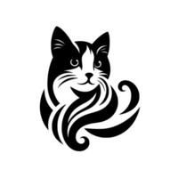 Black and white stylized cat logo portrait of a feline with ornate swirls and curls, clean minimalist design. vector