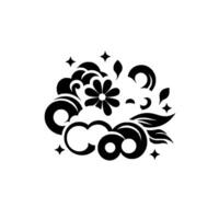 Stylized black, gray, and white floral with swirls, clouds, leaves, and sparkles on a white background. vector