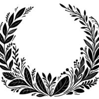 Elegant monochrome floral wreath illustration with a classic botanical design, showcasing leaves, berries and branches surrounding a white space. vector