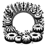 Intricate monochrome illustration of baked goods and foliage forming a circular frame, ideal for a dessert menu or bakery design, with an empty center. vector