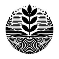 A monochromatic, circular showcasing stylized nature foliage, landscape elements, and layered patterns in black against a white background. vector