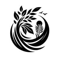 Circular monochrome illustration of a symbolic tree with leaves, birds, and feathered plant within a curved frame, representing growth nature. vector