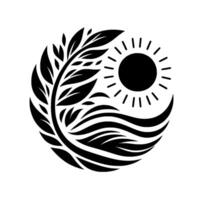 Black and white circular depicting a sunny day scene with a branch, water, and sun in minimalistic design. vector