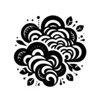 Abstract monochrome design stylized floral cluster of swirls, arcs, leaves, and dots on a white background. vector