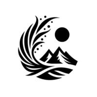Circular minimalist black and white emblem mountains, sun, and decorative foliage forming a natureinspired vector