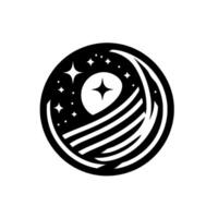 Abstract black and white circular design celestial sphere with stars, stripes, and an inner glowing space symbol, on white vector