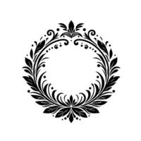 Ornate black and white circular floral with leaves, swirls, and dots, isolated on a white background. vector