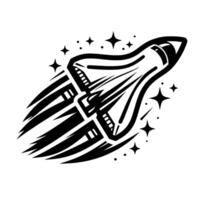 Stylized black and white space shuttle illustration with motion trails and starbursts on a white background. vector