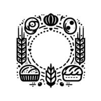 Monochrome bakery illustration an intricate, symmetrical featuring bread, pastries, wheat, and other elements, forming a frame around a blank circle. vector