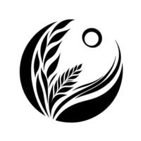 Abstract black and white minimalist of wheat and sun, symbolizing growth and harvest within a circle, against white background. vector