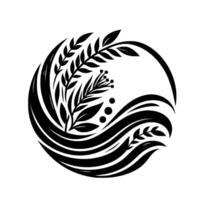 Minimalist black and white botanical illustration circular with leaves, berries and flowing lines. vector