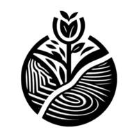 Symbolic black white circular design a stylized plant with textured landscapes, divided within a circle, evoking growth and harmony. vector