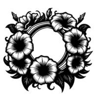 Intricate black and white floral wreath composition, featuring detailed petals, leaves, and a central ring for decorative use. vector
