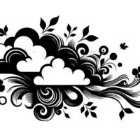 Ornate black and white floral abstract clouds, swirls, and leafy elements in symmetrical composition. vector