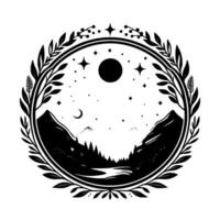 Circular monochrome illustration of a moonlit mountain landscape with stars, crescent, a forest, and a decorative laurel wreath. vector